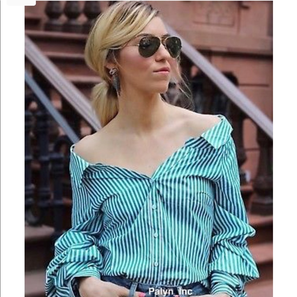 NWT Zara Green White Striped Open Neck Button Down - Picture 4 of 8
